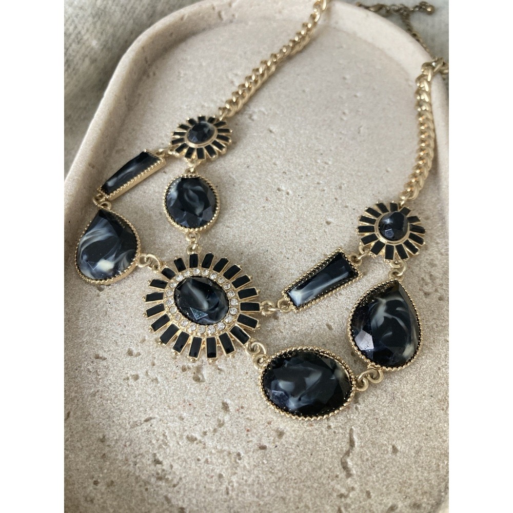 Gold Tone Black Faux Stone Statement Necklace Rhinestone Sunburst Runway Couture